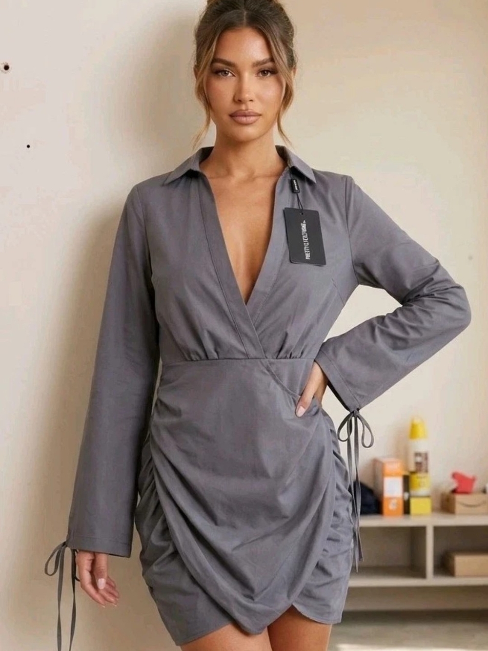 PrettyLittleThing Steel Blue Plunge Ruched Tie Cuff Shirt Bodycon Dress Sz 4 NWT